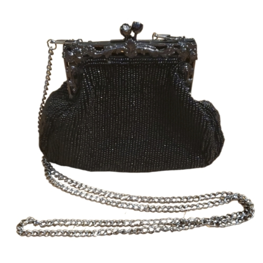 Elegant Black Beaded Evening Bag Convertible Crossbody Clutch